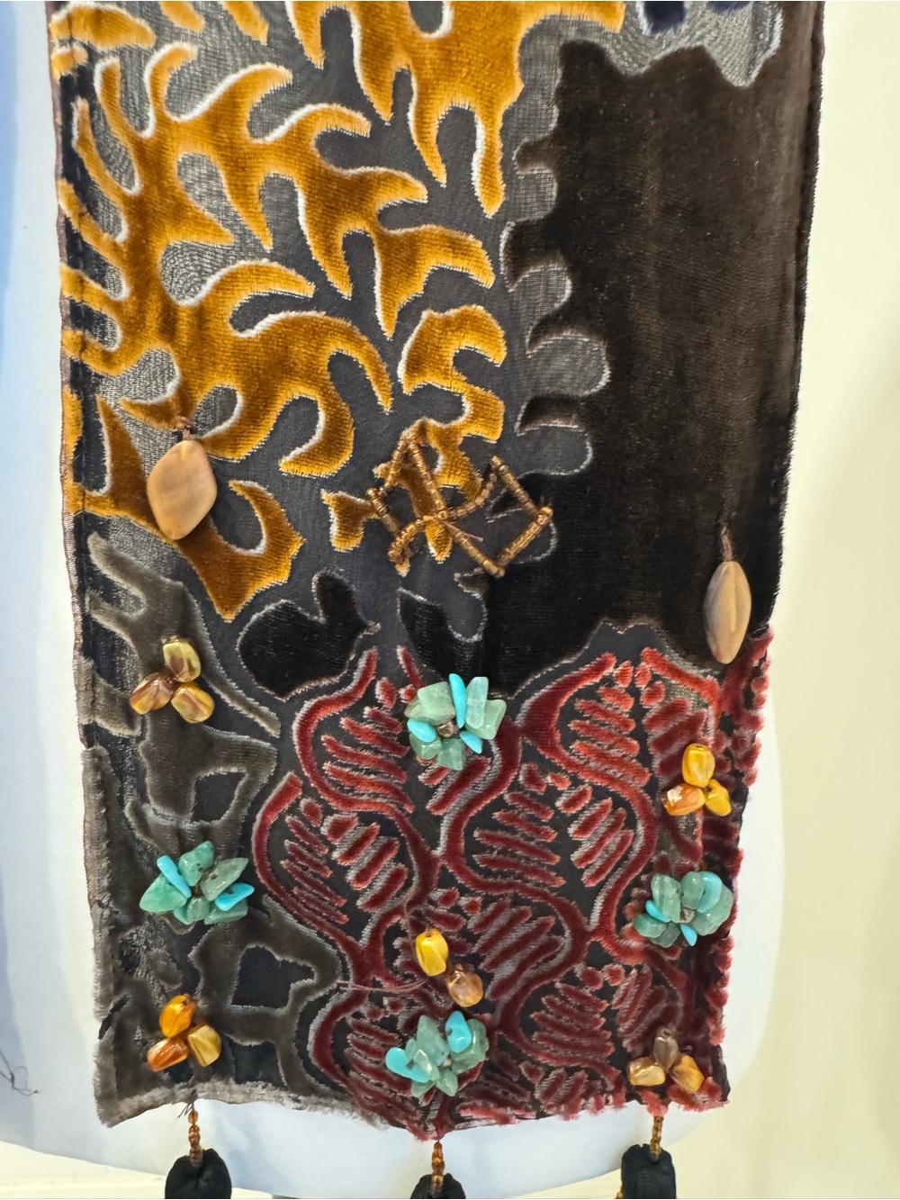 Mary Frances Silk Bohemian Velvet Burnout Beaded Tassel Scarf - Picture 3 of 11